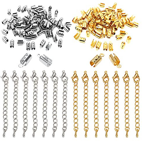 Vasemele Kettenverschluss 200 Stück Crimps Clamp Ends Crimpenden Verschluss Crimp Ende Tipps Ketten Verschlüsse Schnur Endkappen mit 20 Stück Hummerverschlüssen Verlängerungsketten Golden/Silber