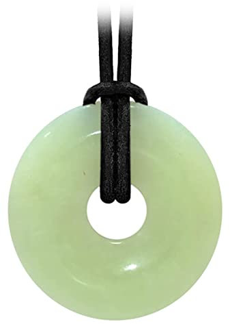 Kaltner Präsente Edelstein Halskette mit Anhänger/China Jade Grün Serpentin/Lederband mit Donut Anhänger/Hochwertiger Edelsteinanhänger mit Lederkette/Ø Edelsteindonut 40 mm