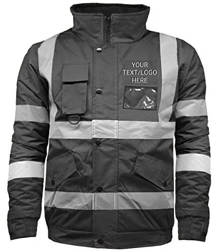 G5 APPAREL Personalised Hi Vis Safety Security Waterproof Padded Workwear Bomber Jacket - Print Your Text/Logo (S, Black)