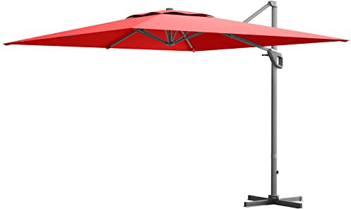 TANGZON 3M Cantilever Garden Parasol, Adjustable Patio Umbrella with Heavy Duty Cross Base, 360° Rotation Function and 4-Level Tilting System, Hanging Umbrella (Wine)