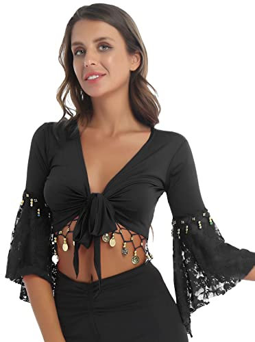 dPois Damen Bauchtanz Oberteil Kostüm Crop Tops Bauchfrei mit Quasten Fransen Glitzer Wickeljacke Kurzarm Bolero Schulterjacke Tanzkleidung Schwarz L