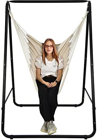 COSTWAY Chaise Hamac avec Support Charge 120KG, Support de Chaise Hamac avec Balançoire Suspendue et Structure Stable pour l'Intérieur et l'Extérieur, 165x124x116cm (Beige)