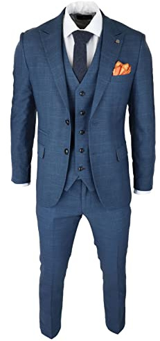 Mens 3 Piece Prince of Wales Check Suit Blue Classic Light Tailored Fit Modern - Blue 42
