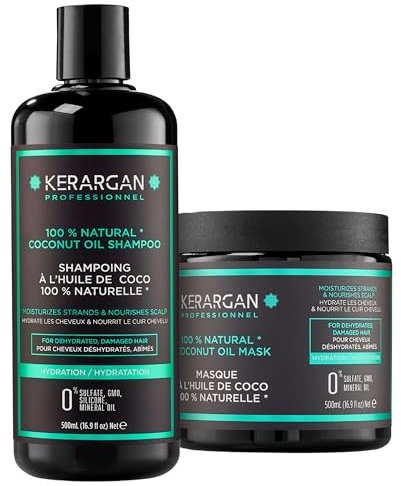 Kerargan - Duo Hydratant Shampoing & Masque à l’Huile de Coco pour Cheveux Déshydratés et Abîmés - Nourrit & Revitalise - Sans Sulfate, OGM, Silicone, Huile Minérale - 2x500ml
