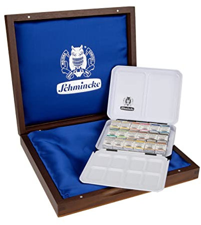 Schmincke – HORADAM® AQUARELL edler Geschenkkasten mit 18 feinsten Aquarellfarben, 74886097, Holzkasten mit Metallkasten, Malset, Premium Aquarellfarben, 18 x 1/2 Näpfchen