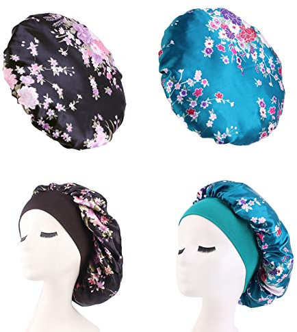 2 pezzi Cuffia Seta Capelli Ricci, Cuffia Seta Elastico Riutilizzabile in Raso per la Cura dei Capelli Accessori da Bagno per Capelli Ricci da Donna per Capelli Lunghi (Ciano + Nero)