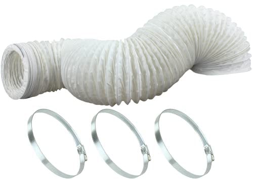 3m Long Flexible PVC Ducting and 3 Jubilee Clips, Tumble Dryer Hose AC Extension 100mm Dia. (4 inch Dia.) Bathroom Fan Kitchen Extractor Wide Application