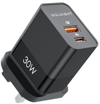 GOLDNEXT 30W USB C Charger Plug PD 3.0 Fast Charger Wall Plug UK with USB C Cable Compatible with iPhone 15 Pro Max/14 Plus/13/12, Google Pixel 9/8/7/7 Pro/7a/6/6a, Galaxy S24/S23, iPad Pro/Air, etc