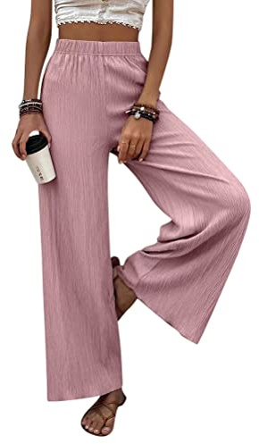 ORANDESIGNE Donna Pantaloni Zampa Svasata Gamba Larga Vita Alta Joggers Estivi Leggeri Comodi con Elastico in Vita Pantalone Palazzo Elegante Moda Casual Ragazza Ampia Trouser Pants Rosa XS