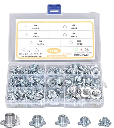 105 Pièces écrou En T, M4 M5 M6 M8 M10 écrous En T En Acier Au Carbone écrou à 4 Dents En T écrous Aveugles Kit D'assortiment D'inserts De Filetage Pour Bois, Prises D'escalade, Armoires
