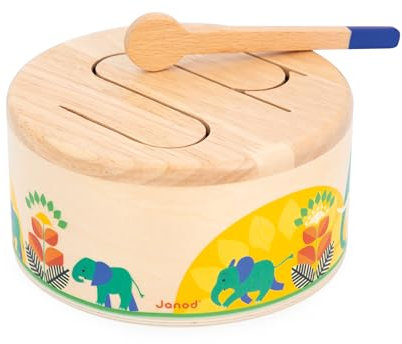 Janod - Drum Gioia - Tambour en Bois FSC + Baguette - Jouet d'Imitation et d'Éveil Musical - Peinture à l'eau - Dès 18 Mois,J07650