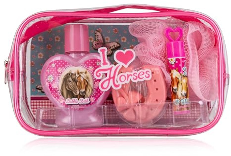 Accentra I LOVE HORSES Set de regalo para adolescentes y niñas en neceser que incluye baño de burbujas, jabón, bálsamo labial con delicioso aroma a fresa y esponja
