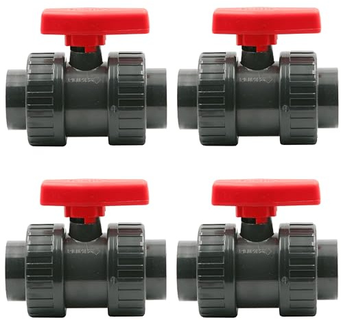 HAF 4X PVC 2 Wege Kugelhahn Roter Griff mit 50mm x 50mm | Klebemuffe x Klebemuffe | Absperrhahn aus grauem PVC-U | PN16 für Poolfitting, Pool, Schwimmbad, Poolverrohrung, Druckleitung, Rohrleitung