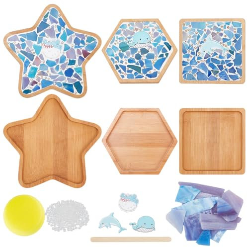 WEBEEDY 3 Stil DIY Mosaik-Bastelset Ozeanblaue Glasmosaikfliesenstücke Meer Strand Tierthema Mosaik Bambus-Untersetzer-Kits Mit Leerem Bodentablett Für Handgefertigte Kunst-Heimdekoration