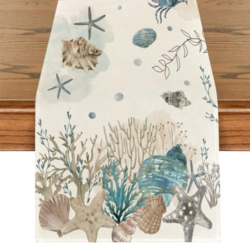 Tarklanda Sommer Ozean Tischläufer Strand Seestern Muscheln Tropisch Tischläufer Sommer Saisonnal Waschbar Küche Esstisch Dekoration für Drinnen und Draußen Urlaub Party Wohnzimmer Dekor 40x140cm