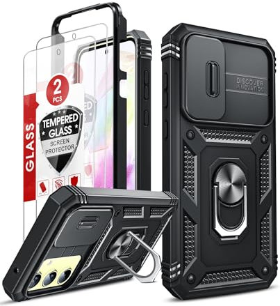 LeYi Cover per Samsung A35 5G con Vetro Temperato [2 Pack],Custodia Samsung Galaxy A 35 con Protezione Fotocamera [Slidable] Antiurto Grado Militare 360° Anello Supporto TPU Bumper Custodie, Nero