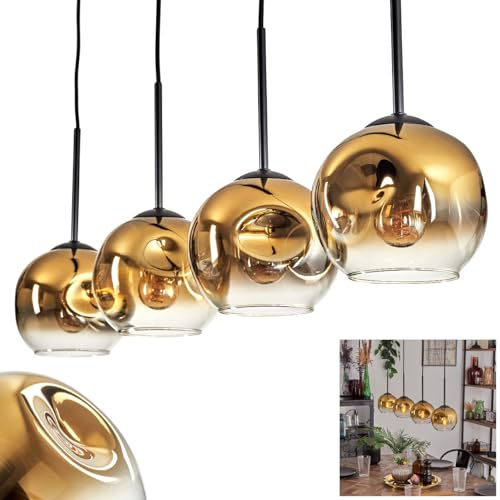 Pendelleuchte Ripoll, Pendellampe aus Metall/Glas in Schwarz/Goldfarben/Klar, Leuchte im modernen Vintage-Design mit Schirmen aus Glas (Ø 15 cm), Höhe max. 132 cm, 4 x E27, ohne Leuchtmittel