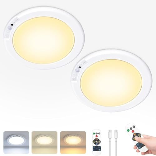 Cadrim Rechargeable Motion Sensor Night Light 7.5-inch 250LM Wireless Remote USB LED Battery Powered, Portable Bath Ceiling Light Basement Bedroom Closet Outside Indoor