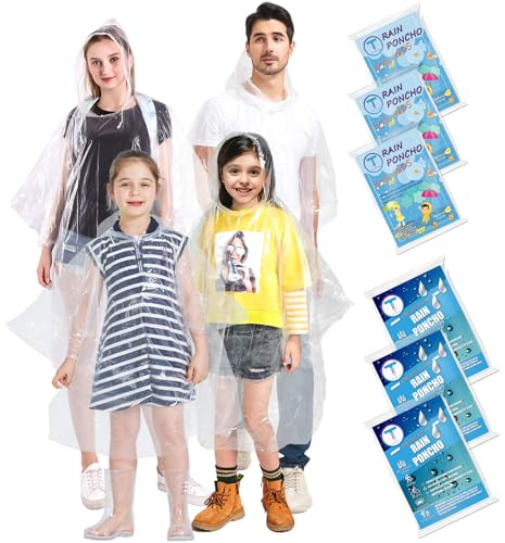 TUNCHMO Disposable Rain Ponchos Family 6 Pack for Adults & Kids Extra Thick