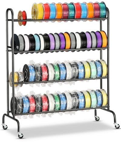 AHOWPD Filament-Aufbewahrungsregal für 3D-Drucker – 4-stöckige rollende Filamentspulenhalter mit Rollen, robustes Metallregal für PLA/ABS/TPU, Filamente organisiert für 3D-Druckstudio, Bürowerkstatt