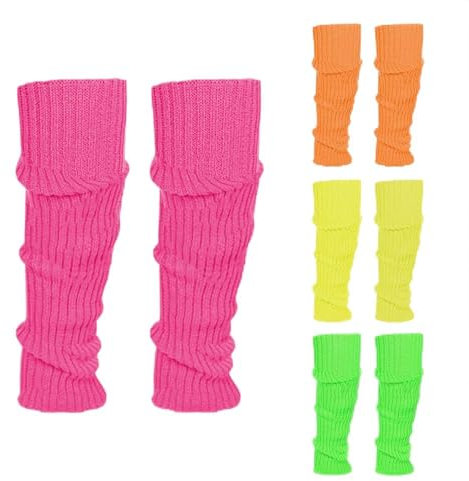 80er 90er Damen Beinwärmer Stulpen Legwarmers Neon Strümpfe Gestrickte,4 Stück Bein Stulpen Schweißband Set, Aerobic Kostüm Accessoires für Karneval Mottoparty Tanzen (Rose Gelb Grün Orange)