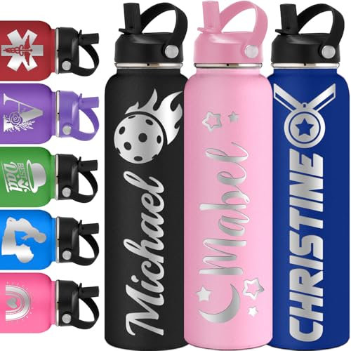 Personalised Water Bottles for Kids with Straw Lid Custom Insulated Water Bottle Customised Engraved Name Stainless Steel Bottle Gift for School Sport Gym 24/12/40/18/32 oz