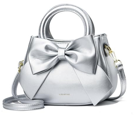 NICOLE & DORIS Umhängetasche für Damen Kleine Handtaschen mit Schleife Henkeltasche PU Leder Niedliche Schultertasche Mädchen Crossbody Bag Satchel Tasche Silber