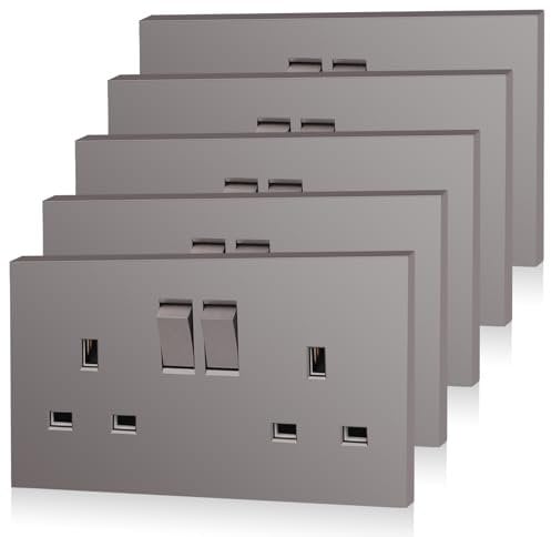 5 Pack CNBINGO Double Switched Power Socket, Electric Power Socket 2 Gang 13 Amp, Grey Double Wall Outlet