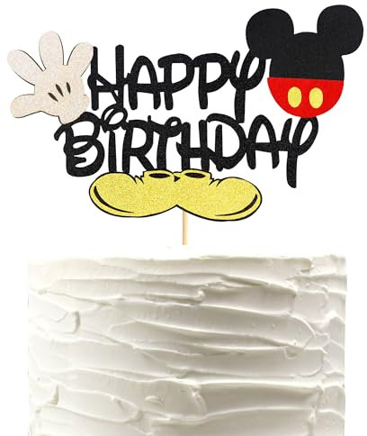 Arthsdite 1Pc Mouse Inspired Happy Birthday Cake Topper Red Gold Black Mick Mouse White Gloves Gold Shoes Boys Birthday Party Decorations Supplies
