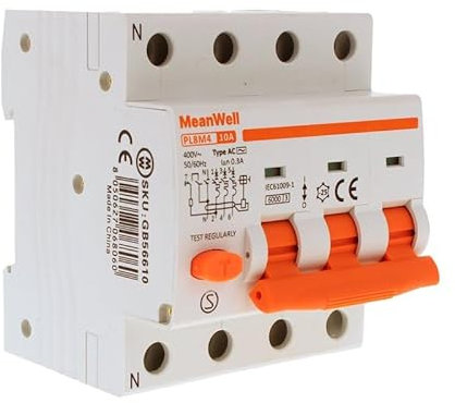 MeanWell Leitungsschutzschalter dreiphasiger Differentialschalter 300 mA, RCBO 3P+N C10 10 A, Typ AC Kurve C 6000 A 380 V, 4 Pole belegt 4 Module DIN-Schiene