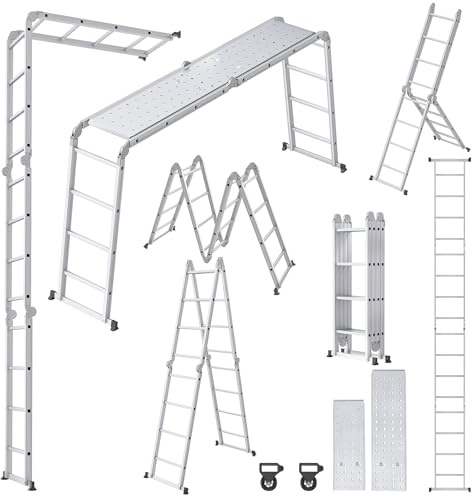 Froadp 6 in 1 Mehrzweckleiter 4,7 M Klappbare Vielzweckleiter Aluminum Gerüst Klappleiter Arbeitsleiter mit 2 Rollen & Plattform Multifunktions Kombileiter Steigleiter Belastbarkeit bis 150 KG