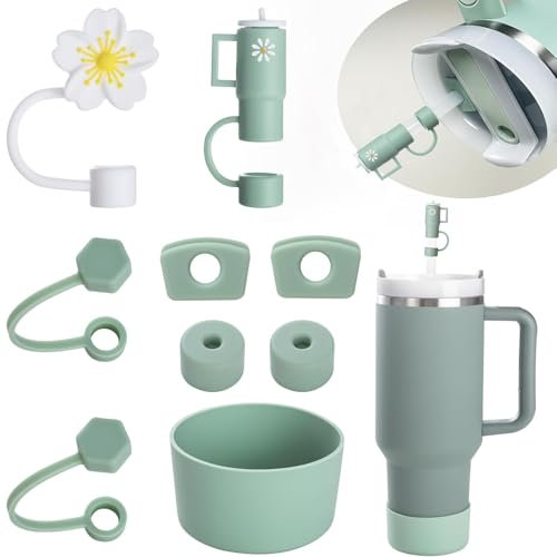 TJYAEKLTD Juego de accesorios para tazas, incluye 6 tapones de silicona a prueba de fugas, 2 tapas de paja, 1 funda de silicona para tazas de 1,2 l y 850 ml, tazas no incluidas (verde)