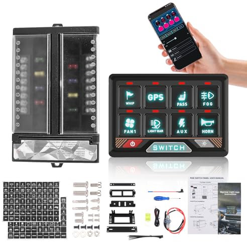 Panneau de commutation Chelhead RGB 8 gangs avec contrôle APP 3 modes d'éclairage Panneau de commutation d'éclairage tout-terrain multifonction à intensité variable avec contrôle Bluetooth