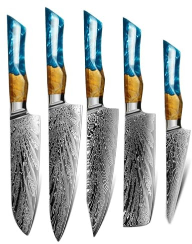Cuchillos de Cocina de Acero de Damasco de 73 Capas, Cuchillo de Chef Nakiri, Cuchillo Kiritsuke, Cuchillo Afilado Occidental Santoku, Juego de Mango de Madera de Arce y Resina(DMS-380 5pcs Set)