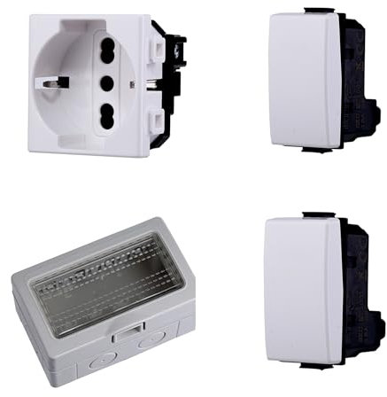 Cassetta Elettrica IP55, Completa Di Frutti Compatibile Con Bticino Matix, 4 Moduli 1 Presa Schuko P40 + 2 Interruttore, Scatola Con Coperchio Da Muro Parete Esterno e Interno