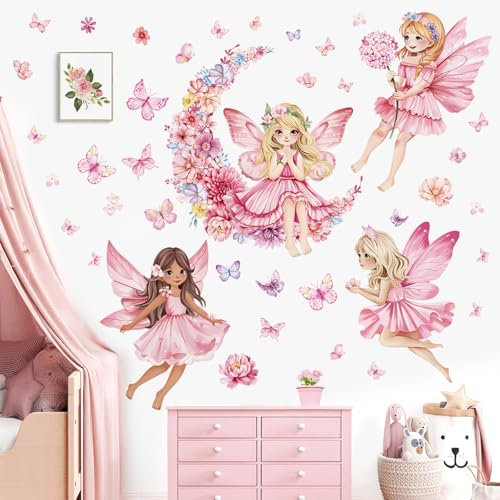decalmile Stickers Muraux Fée Fleurs Rose Autocollant Mural Fille Floral Lune Elfes Papillons Décoration Murale Bébé Fille Chambre Enfants Pépinière