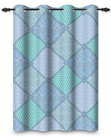 ggaimwf 52x 84 Boho Patchwork Eyelet Curtain Blue Shabby Retro Abstract Check Flower Pattern Insulated Thermal Grommet Blackout Window Drapes for Bedroom Living Room Kitchen,1 Single Panel