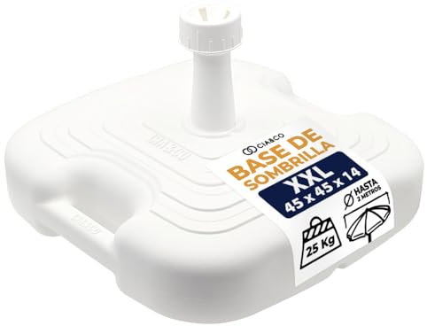 Base de Sombrilla XXL 45x45x14 cm · Rellenable hasta 25 kg · Rosca Universal Ajustable 18-38 mm · Sombrillas y Parasoles de hasta 2 metros · Asa Ergonómica · Uso Exterior Playa Jardín Terraza Piscina