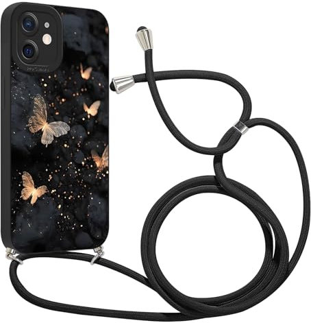 Krdvekm Handyband für iPhone 12 Hülle mit Band 6,1'', Aesthetic Schwarzer Schmetterling Muster Verstellbarer Halskette Handyhülle mit Kordel zum umhängen Silikon Stoßfest Schutzhülle mit Kette, 05