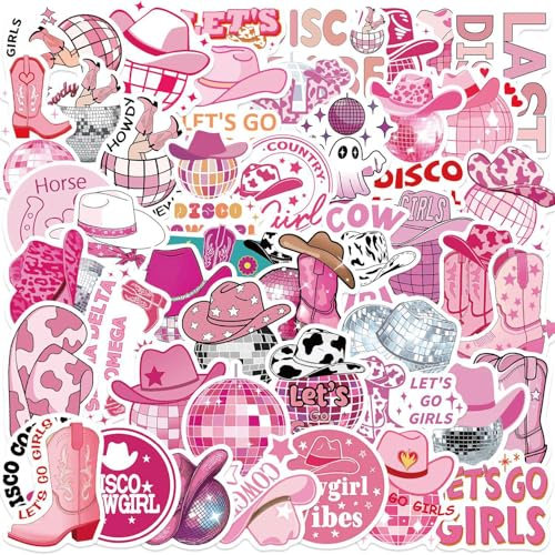 50PCS Disco Cowgirl Stickers, Western Cowboy Stickers, Trendy Pink Sticker Waterproof Vinyl Decals for Laptop Water Bottle Phone Skateboard Scrapbook Guitar Suitcase Bike