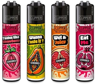 Clipper Feuerzeuge 4er Set Nachfüllbar & Wiederverwendbar Buntes Design Perfekt für unterwegs & Zuhause (Eat Your Fruits)