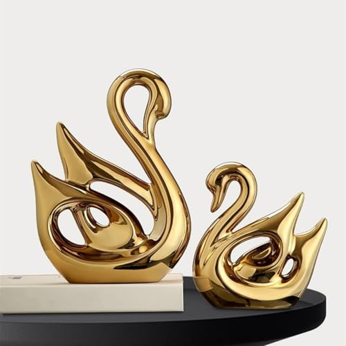 JXCBXJ Ceramic Statue,2 Pieces Swan Sculpture Decor,Creative Ceramic Decorative,Crafts Ornaments Home Decor,Memorial Gift for Parents, Suitable for Shelf, Bookself, TV Stand Decor.(Gold Swan)