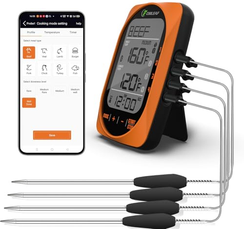 Meat Thermometer Digital Instant Read Food Thermometer Grill Thermometer Smart Bluetooth BBQ Thermometer Oven Thermometer with 4 Probes Time Mode Temper Mode for Grill Candy Meat Oven Food Smoker