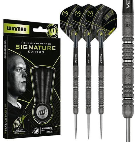 WINMAU – Michael Van Gerwen MvG Signature Edition - 24g - 90% Wolfram - Professionelles Stahlspitze Dartset mit Dart Flüge und Schäften