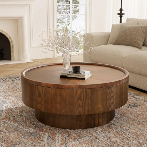 ZUOWENYG Rundes Trommel-Couchtisch (E Nussholzfarbe 30.7) | Dunkelbraun Holzoptik, Mit Verstecktem Stauraum (78 cm Durchmesser), Modernes Praktisches Wohnzimmer Möbel