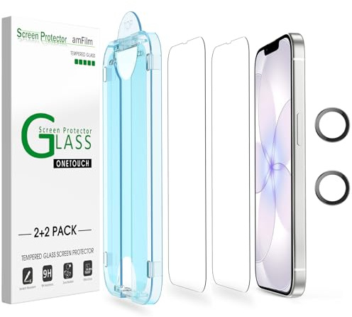 amFilm OneTouch Schutzfolie für iPhone 17e 6.1 2026 | Härte 9H mit Kameraobjektivschutz aus Gehärtetem Glas, Easy Installation Kit, Auto-Alignment Hülle Freundlich 2+2 Stück