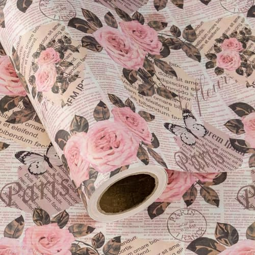 RUSPEPA Kraft Vintage Floral Wrapping Paper Roll - Mini Roll - 43.2cm x 5m - Retro Paris Rose Butterfly Newspaper Wrapping Paper for Birthday, Wedding, Anniversary, Bridal Shower