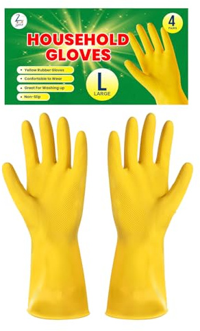ZOPPER Household Cleaning Gloves Large 4 Pairs - Kitchen & Dishwashing Gloves with Non-Slip Grip, Waterproof Durable Gloves for Bathroom, Household Cleaning Tasks, Yellow Rubber