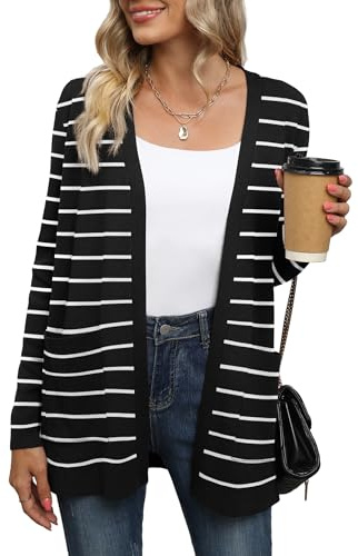 Yommay Strickjacke für Damen Elegante locker lässig leichtes Frauen Herbst Langarm Pullover mit Taschen,Schwarz Weiß Streifen,XXL