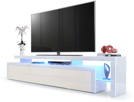Vladon TV Board Lowboard Leon V3, Made in Germany, Korpus und Überbau in Weiß Hochglanz/Front in Creme Hochglanz mit Rahmen in Weiß Hochglanz inkl. LED Beleuchtung (227 x 52 x 35 cm)
